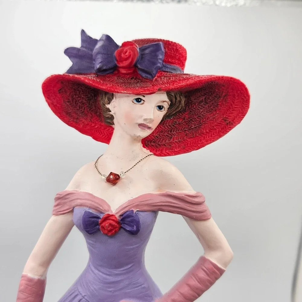 Vintage Red Hat Lady Photo Frame Figurine 3x5 Hand Painted Purple Dress
